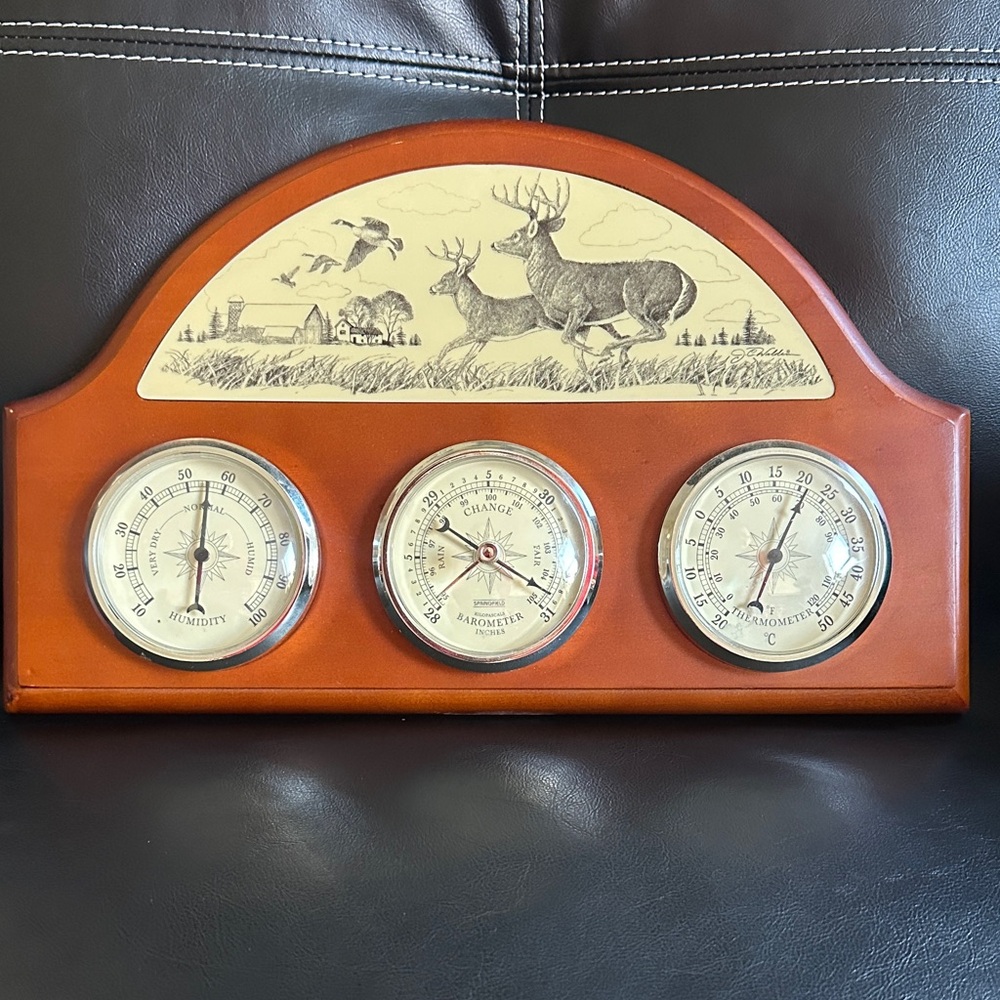 SPRINGFIELD DEER SCRIMSHAW WEATHER STATION W/ THERMOMETER BAROMETER & HYGROMETER